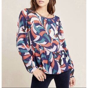 Maeve Anthropologie Cheyenne Peplum Birds Print Blouse Small Top Long Sleeves